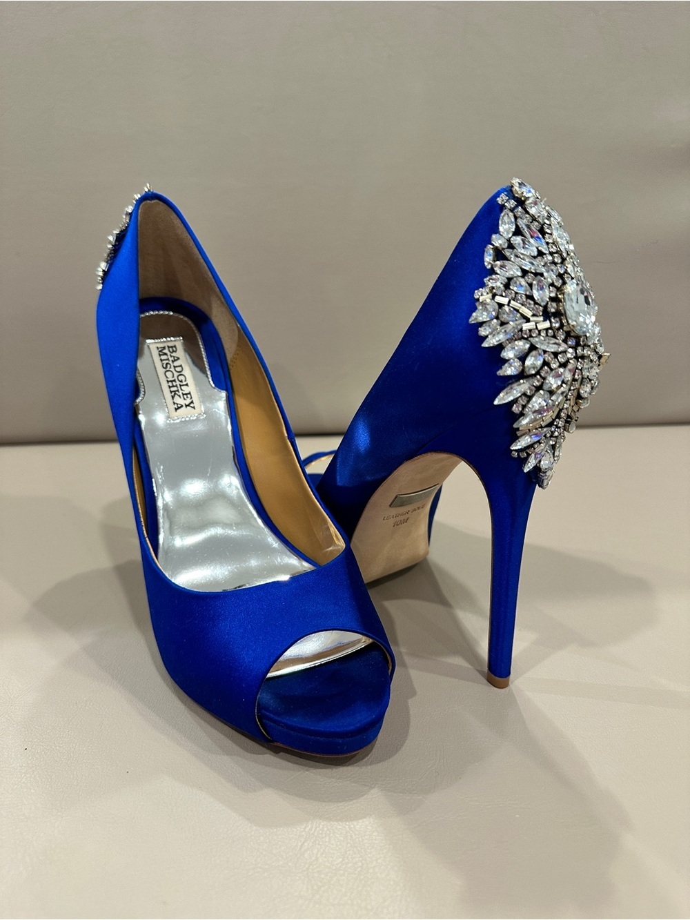Badgley Mischka Blue Satin Jeweled Peep-Toe Heels